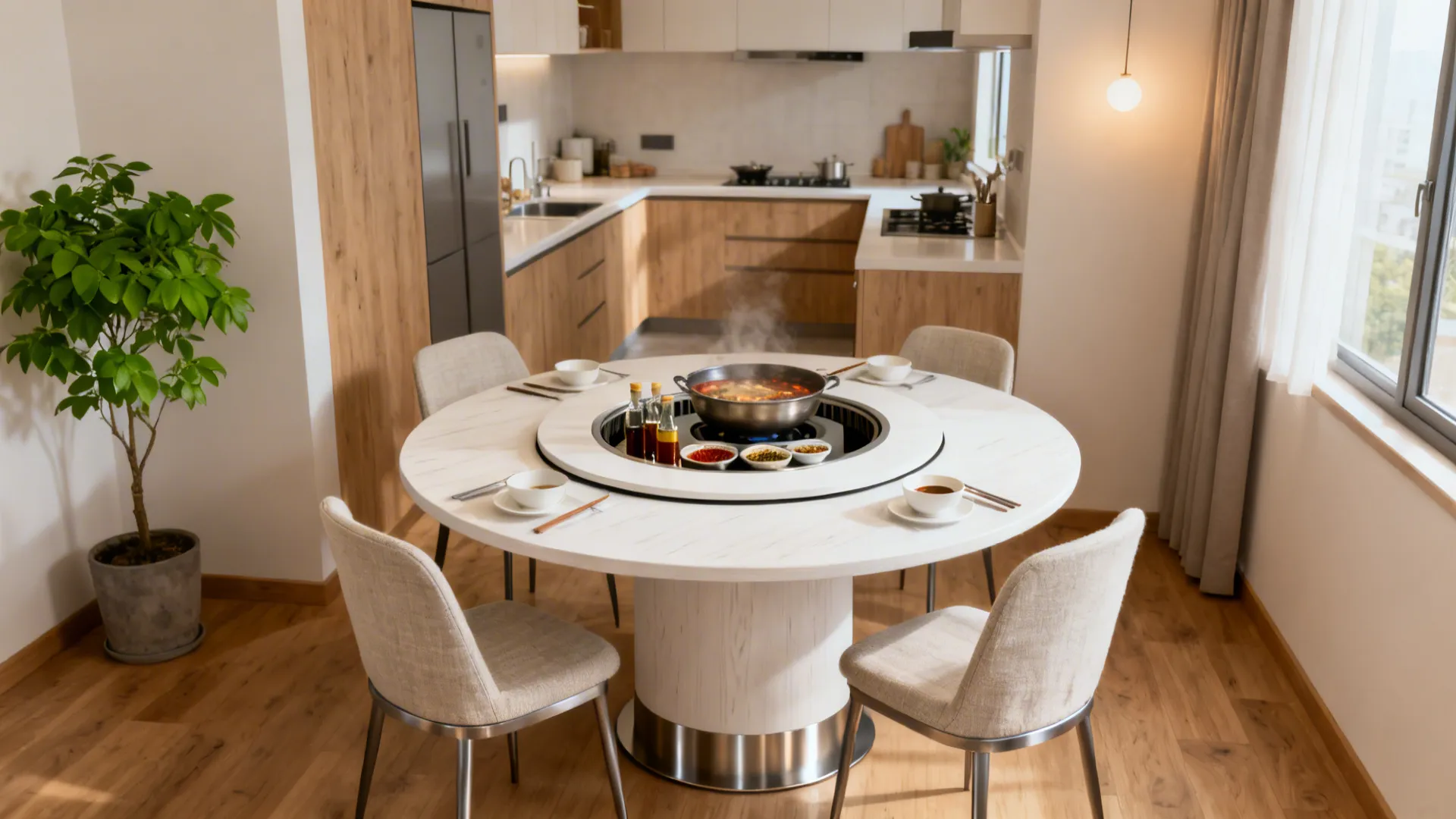 White round dining table with hot pot center four chairs and wood kitchen in background