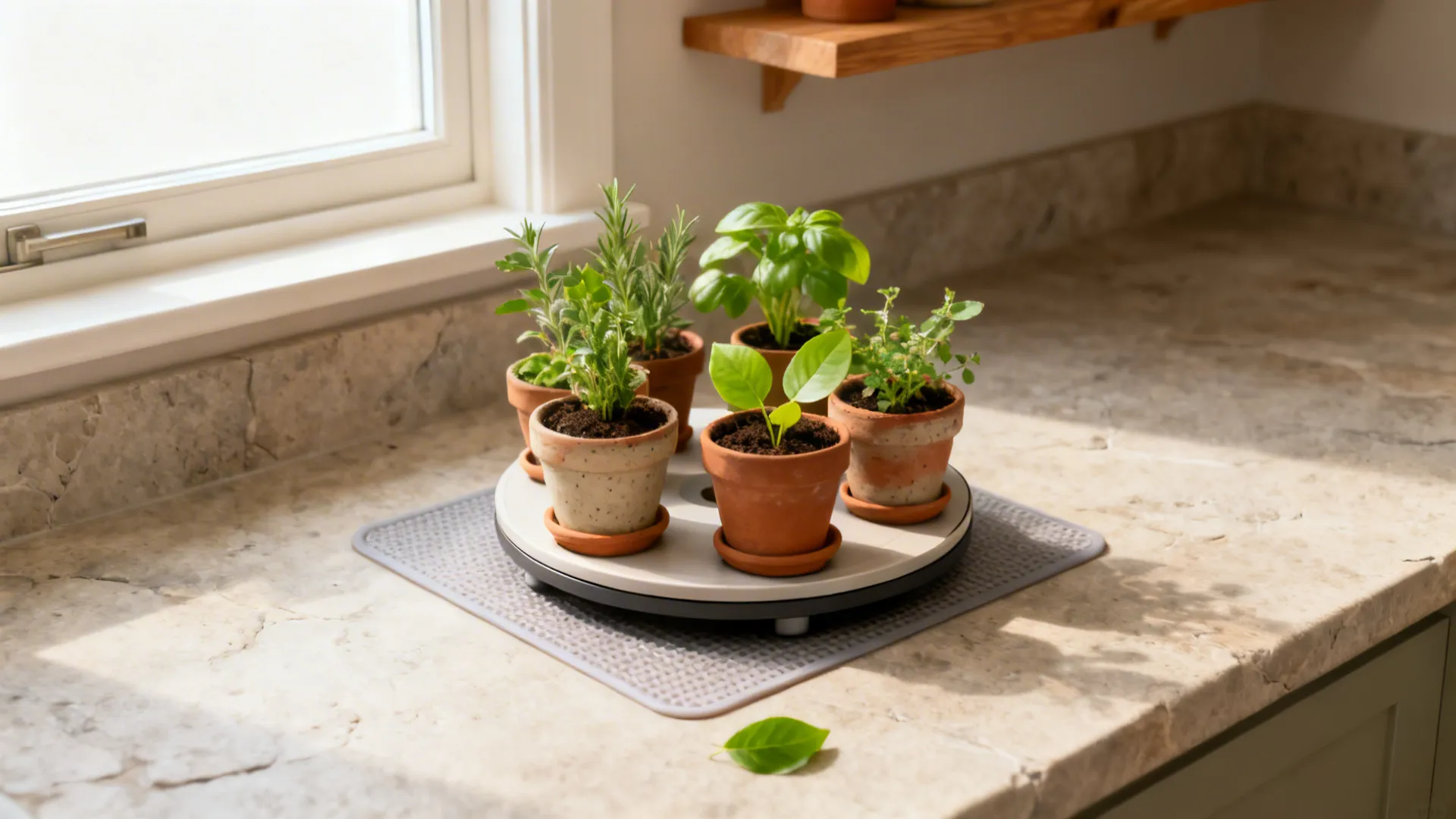A weighted lazy Susan with small herb pots spins on a compact kitchen counter.