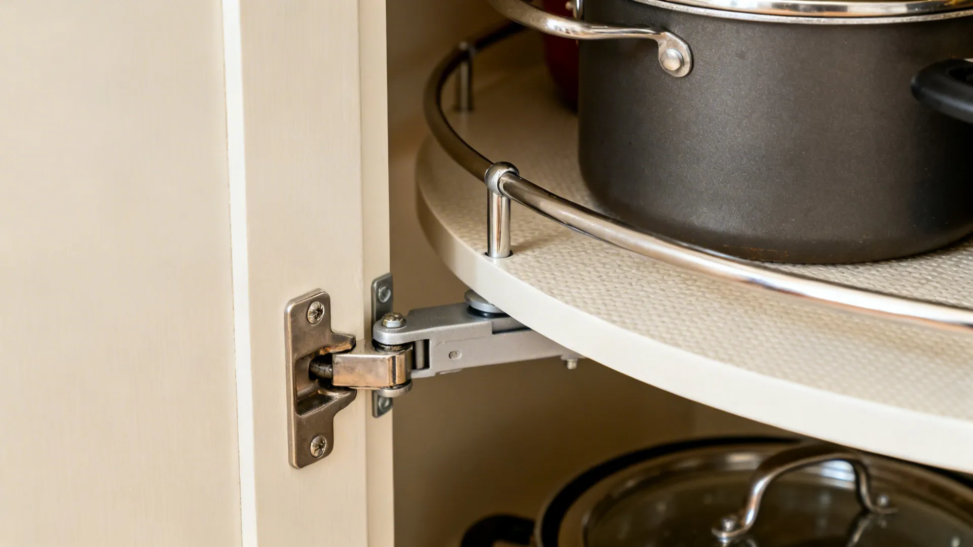 Close-up of a corner lazy Susan mechanism with chrome rails holding pots.