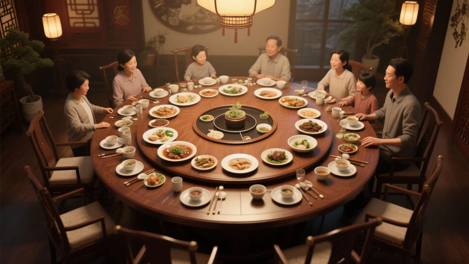 Large family sitting around a round wooden dining table with many dishes under warm lighting