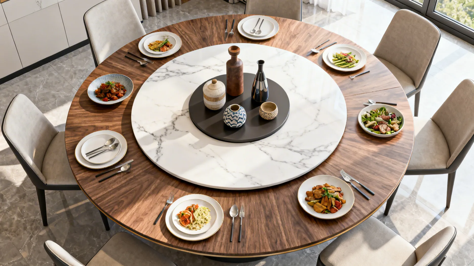 Top-down view of a round table with a curated marble and wood Lazy Susan holding 3–5 items for easy sharing.