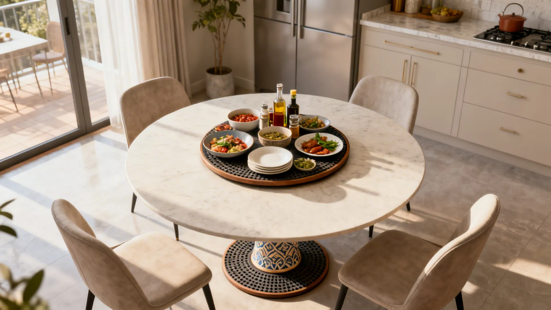 Top-down view of a round table with a decorative lazy Susan holding shared dishes for easy access.