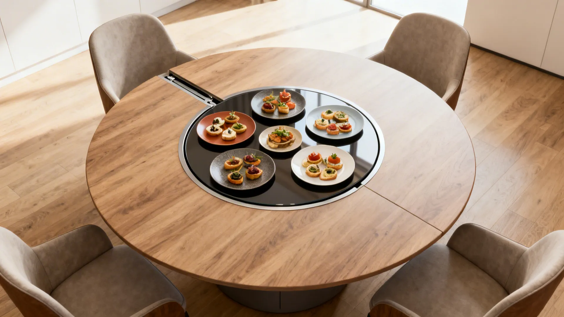 Top-down view of a round table with a sleek lazy susan holding serving dishes and tapas.