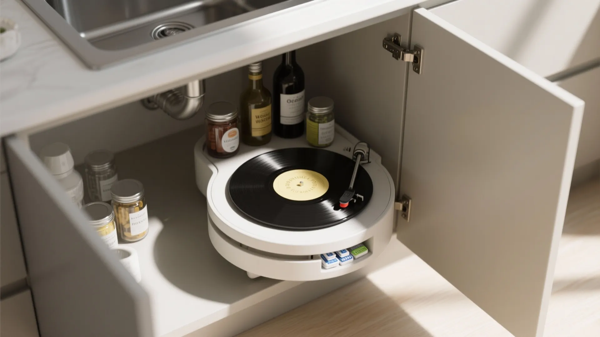 Lazy Susan storing jars under the sink