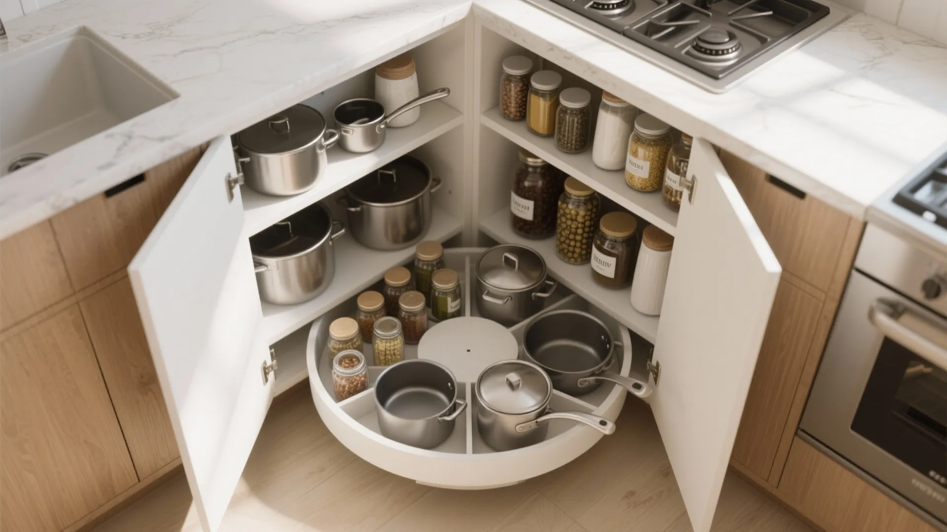 Open corner kitchen cabinet with rotating shelves holding metal pots and glass spice jars neatly