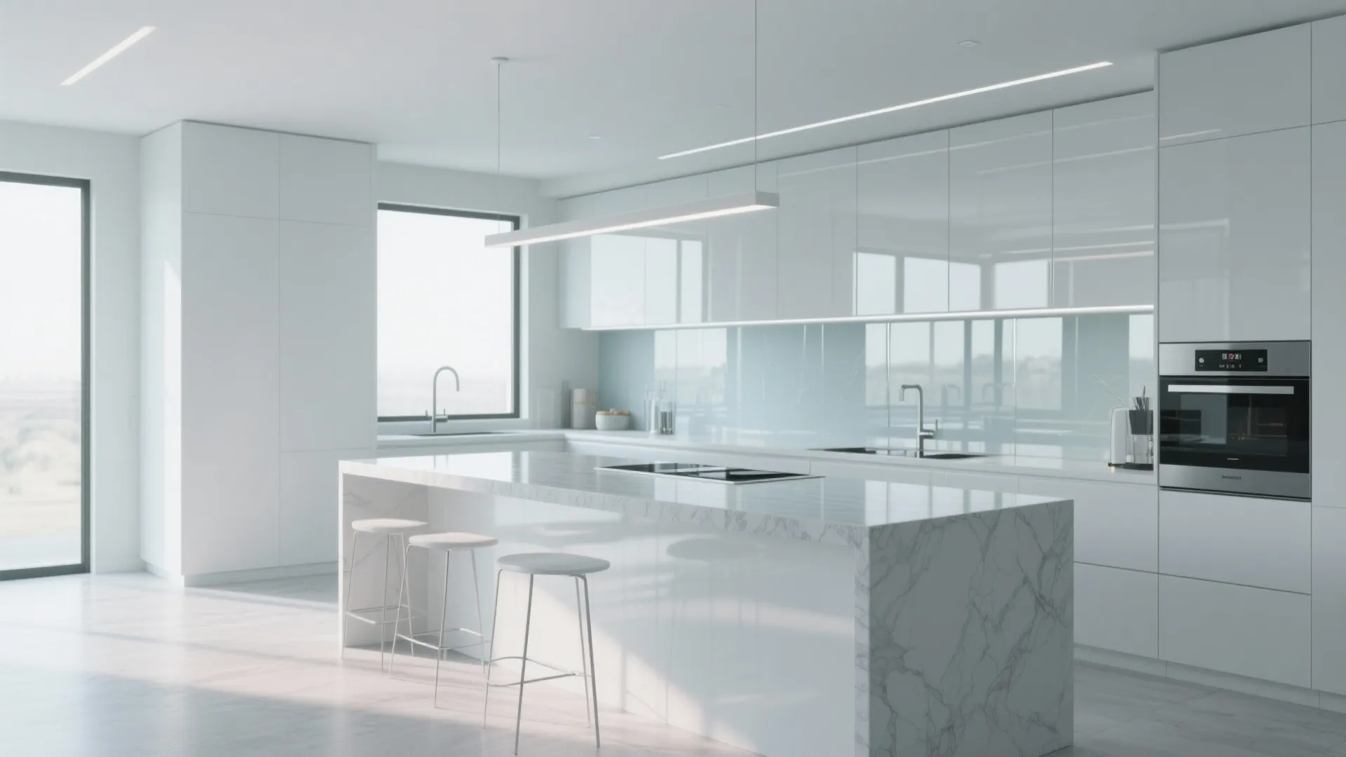 Bright white kitchen with marble island white stools long ceiling light and large wall windows