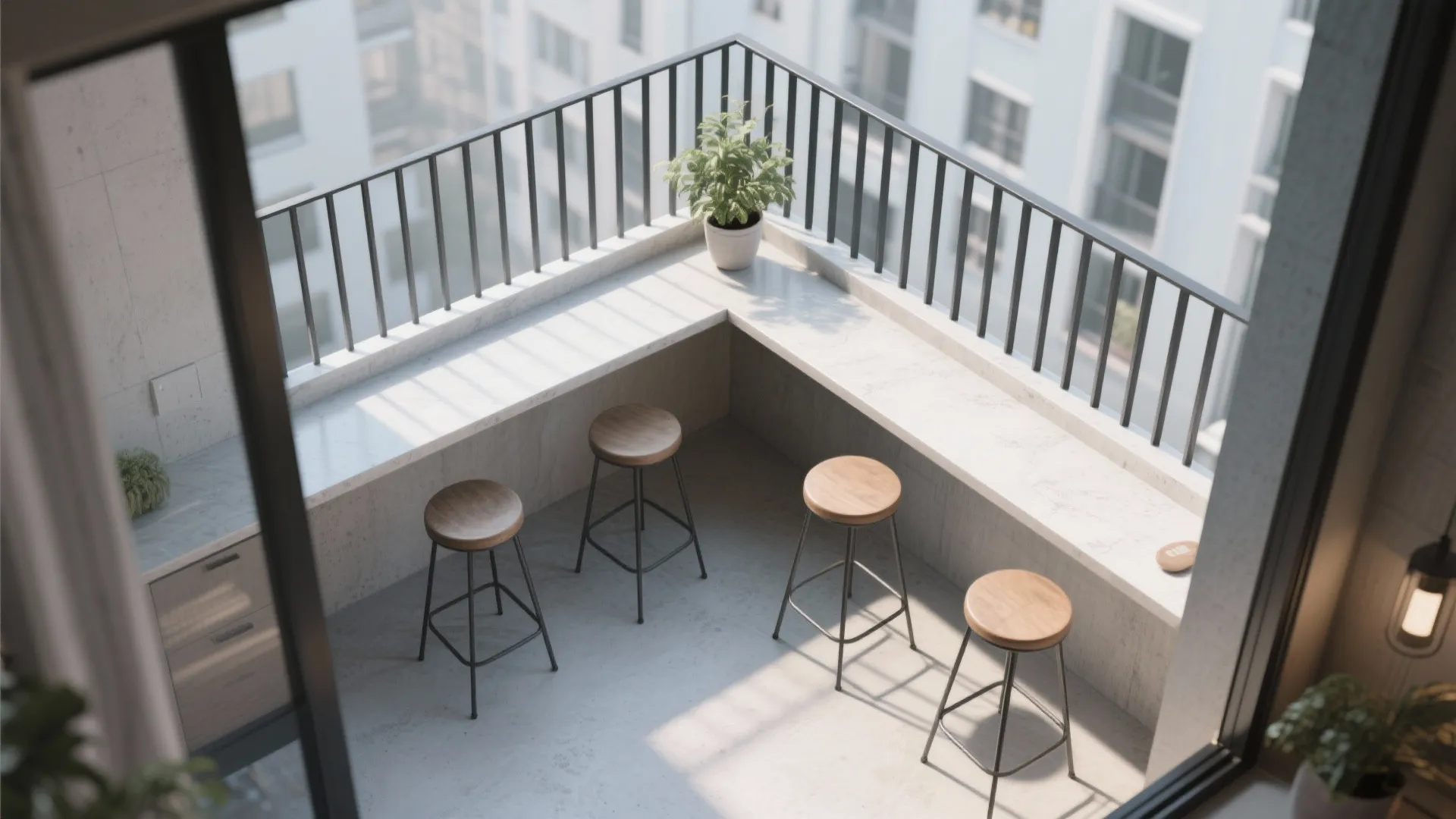 Top view of balcony featuring L shaped stone counter with four stools and black railing