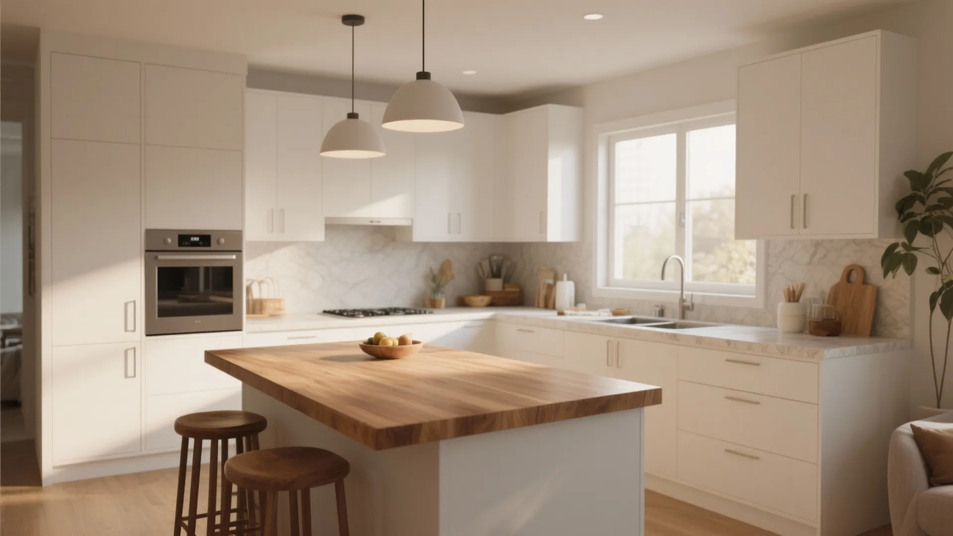 White kitchen with wood island top marble backsplash two white ceiling lights and wooden floor