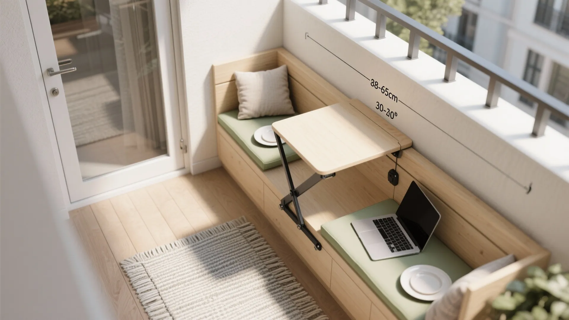L-shaped bench and a fold-down table to multitask