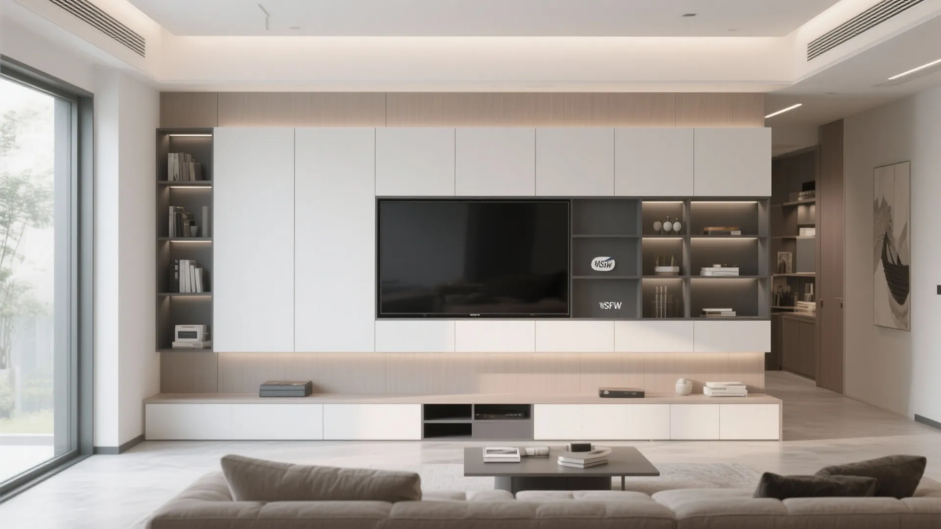 Minimalist living room featuring a large white wall cabinet system with an integrated television screen