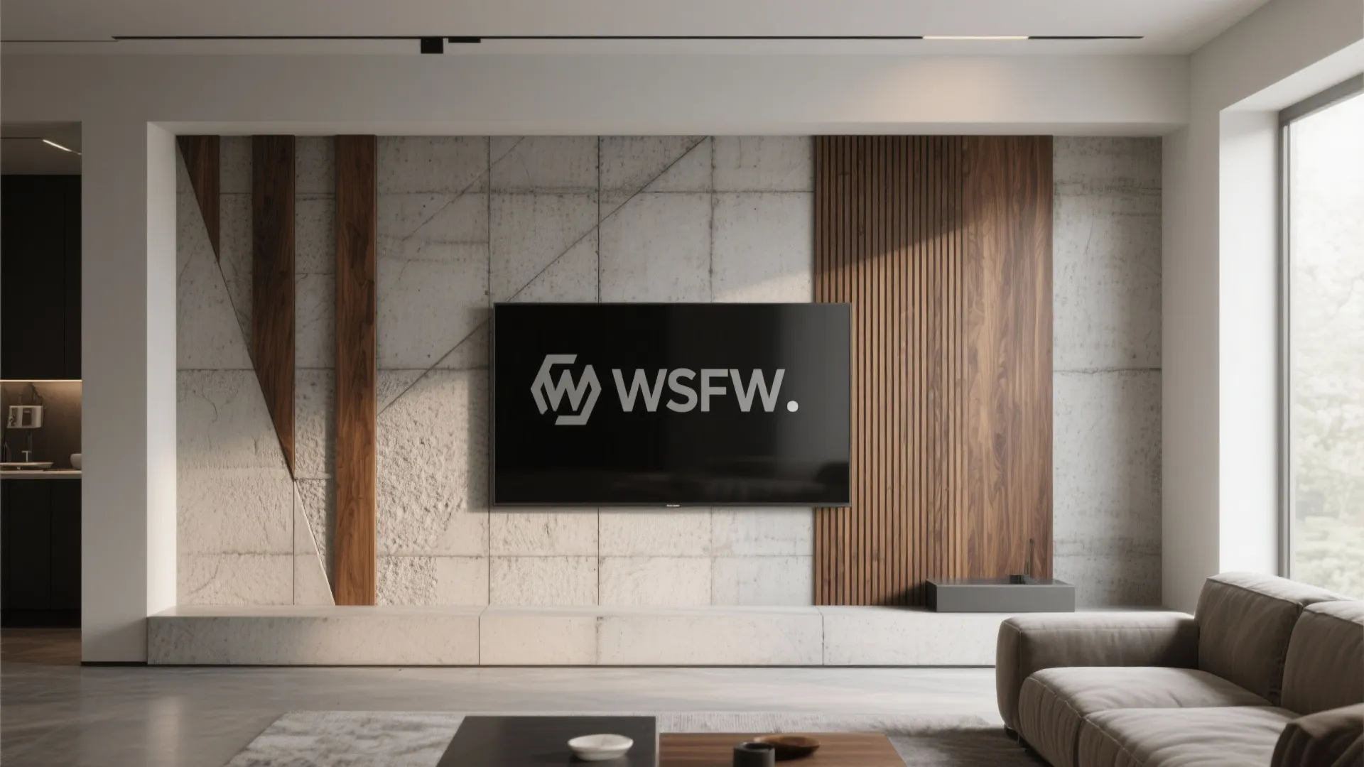 Modern living room featuring a concrete textured wall with wood panel accents and large television