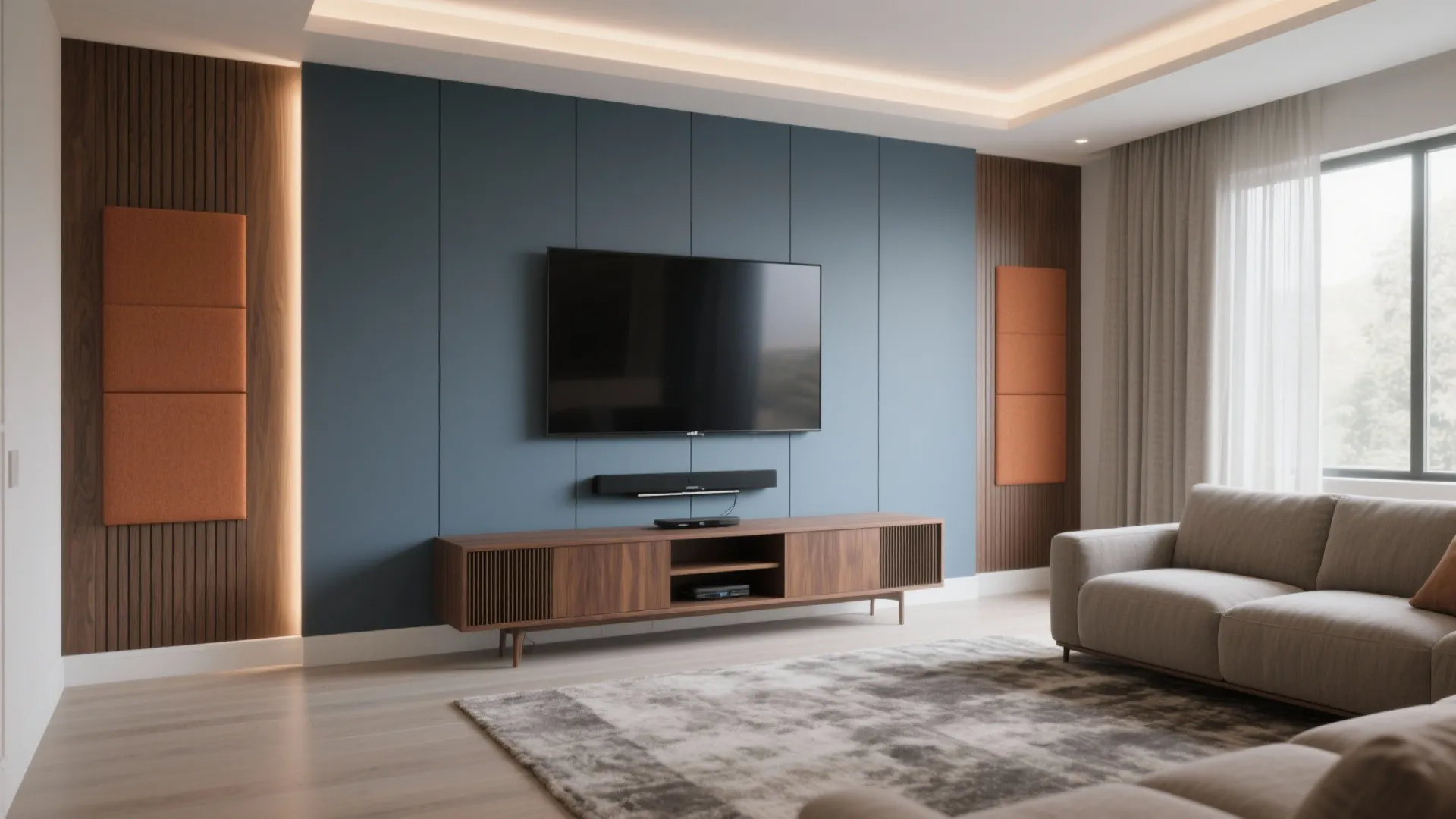 Modern living room featuring blue wall panels, wooden cabinet, large television, grey sofa, and rug