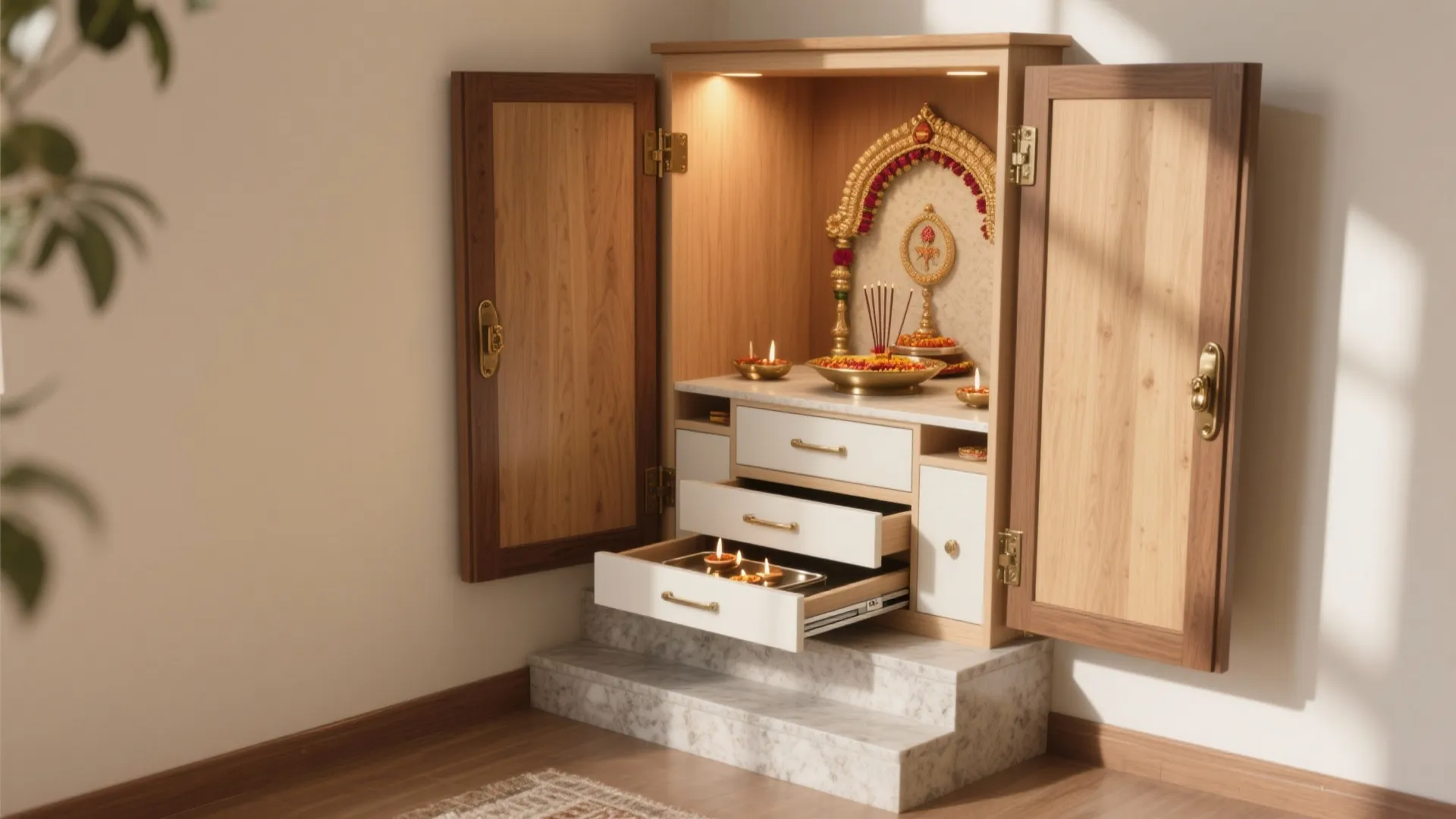Fold-Away Mandir Cabinet in an L-Corner
