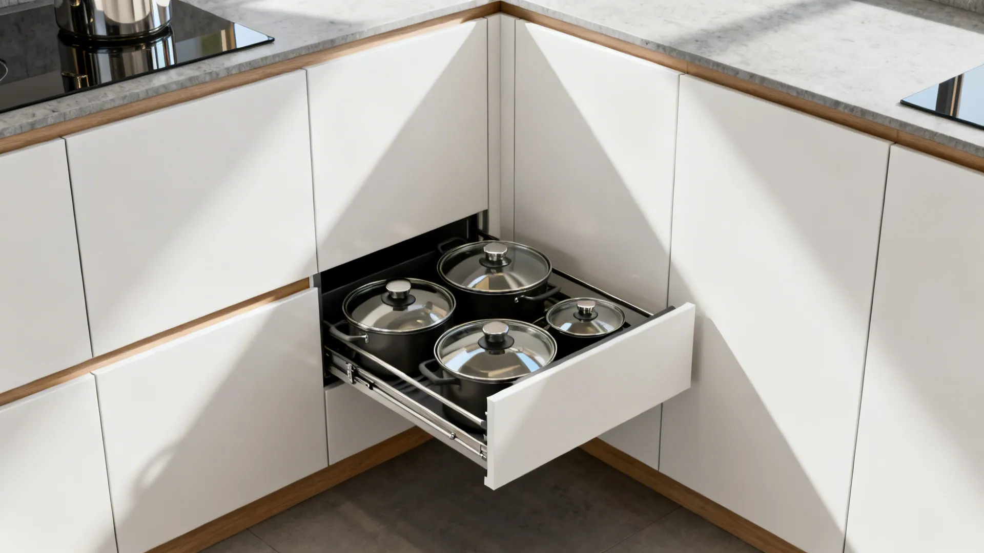 Minimal, concealed storage in an L-corner