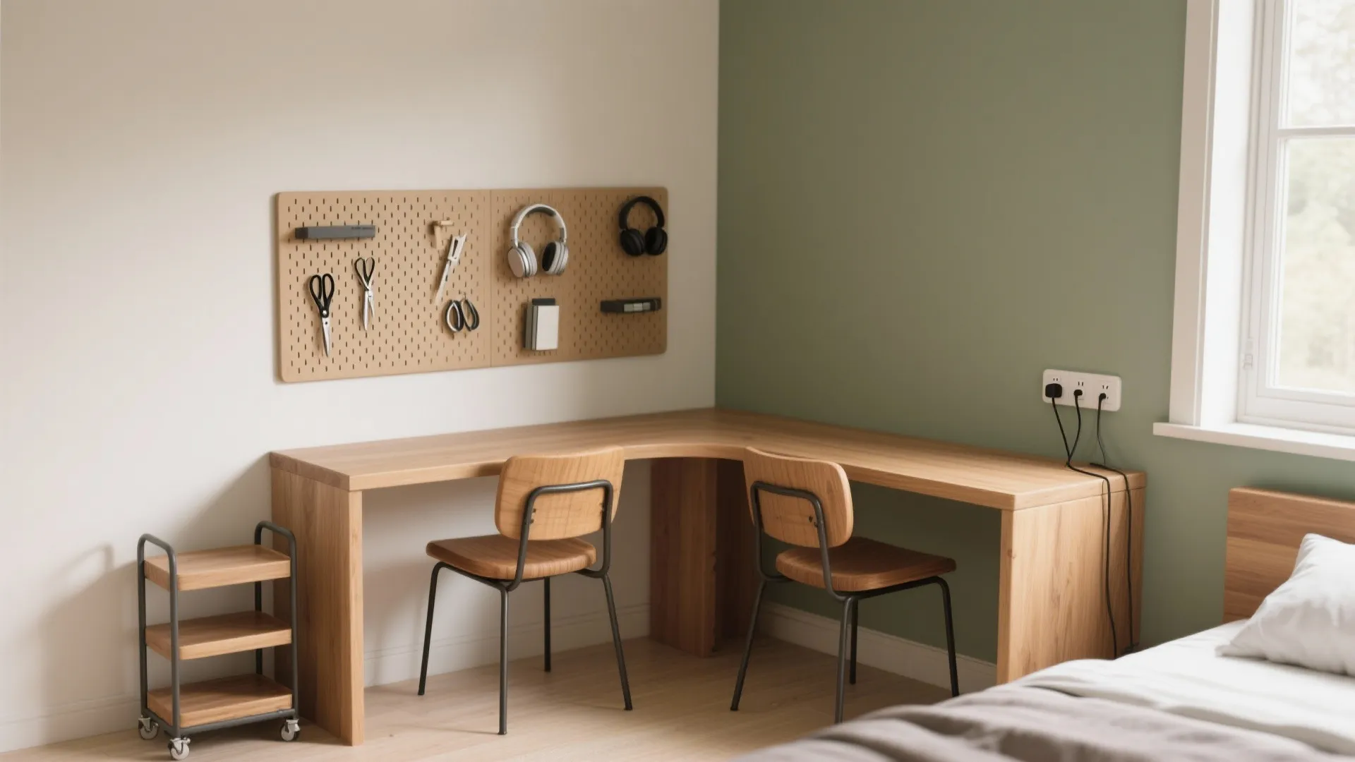 L-shaped desk for two with mobile storage on wheels