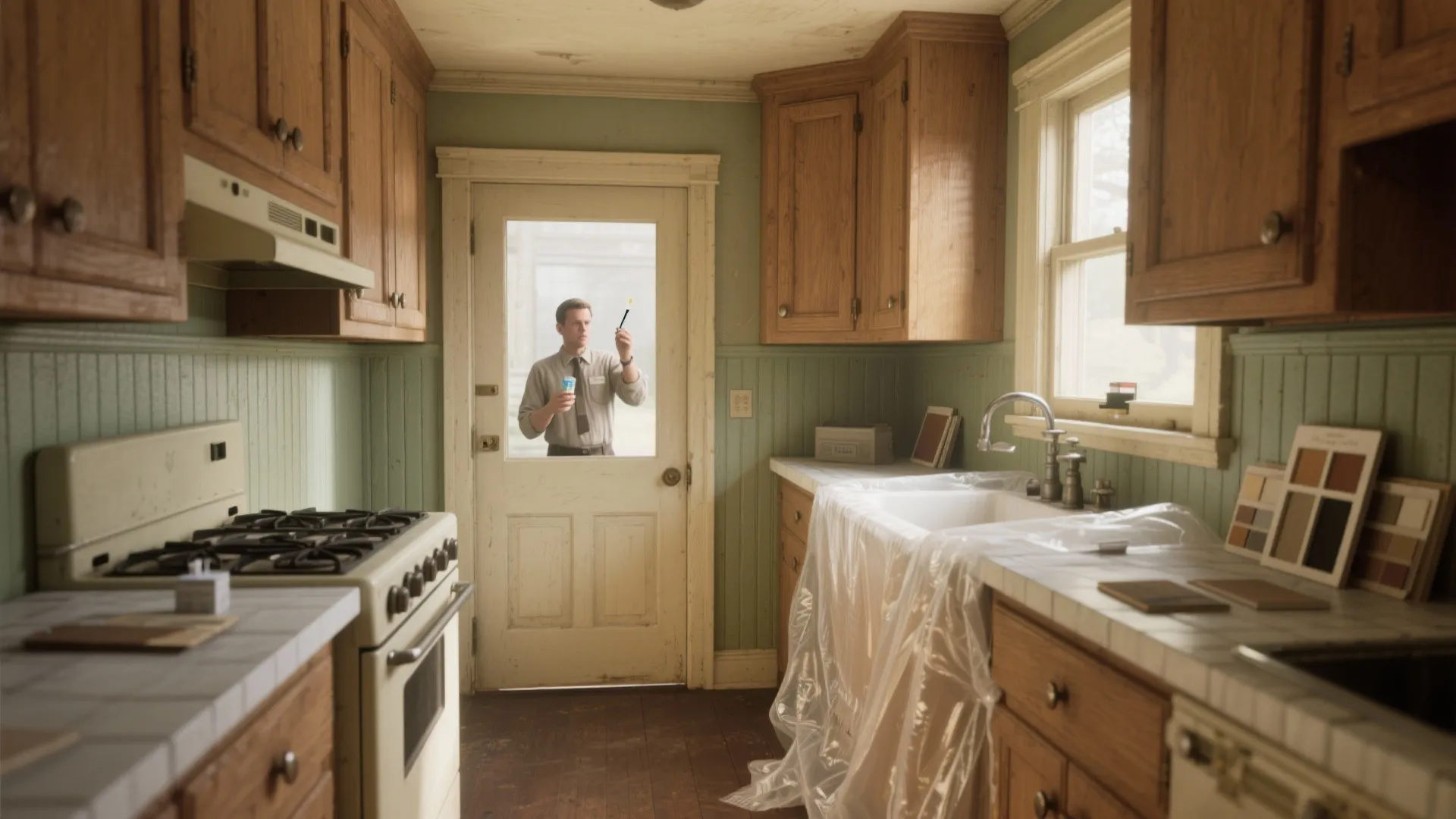 Kitchen renovation area with plastic covering sink and man standing behind white door with window