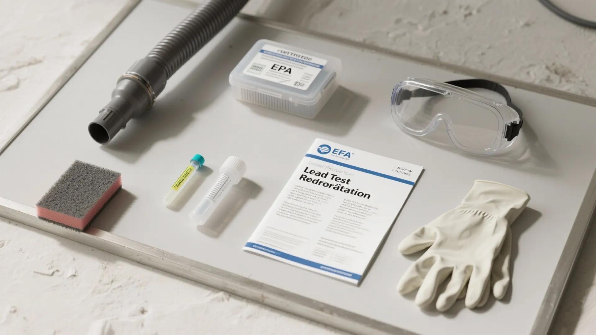 Safety equipment and lead test kit items including gloves goggles sponge tubes and instruction manual