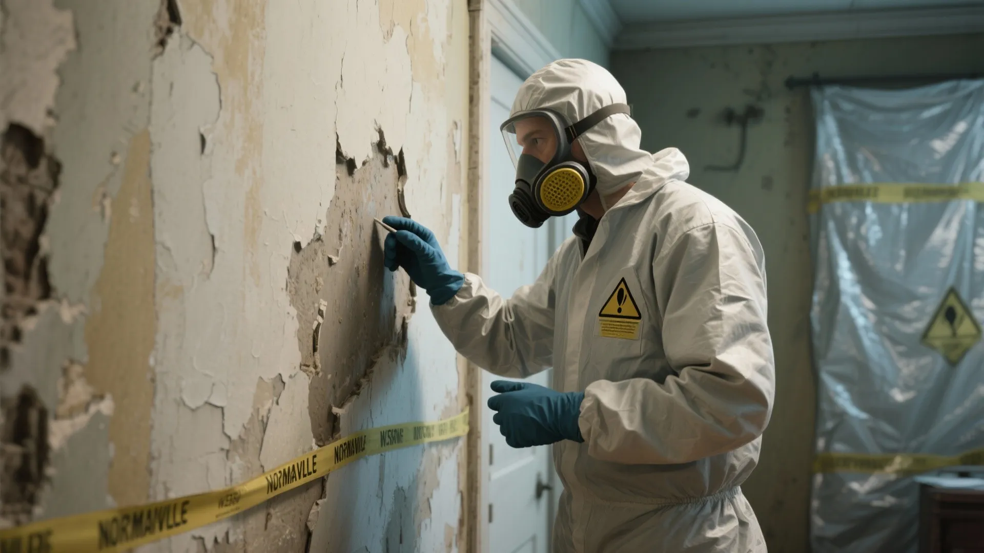 A man wearing white safety suit and breathing mask inspecting damaged wall with yellow tape