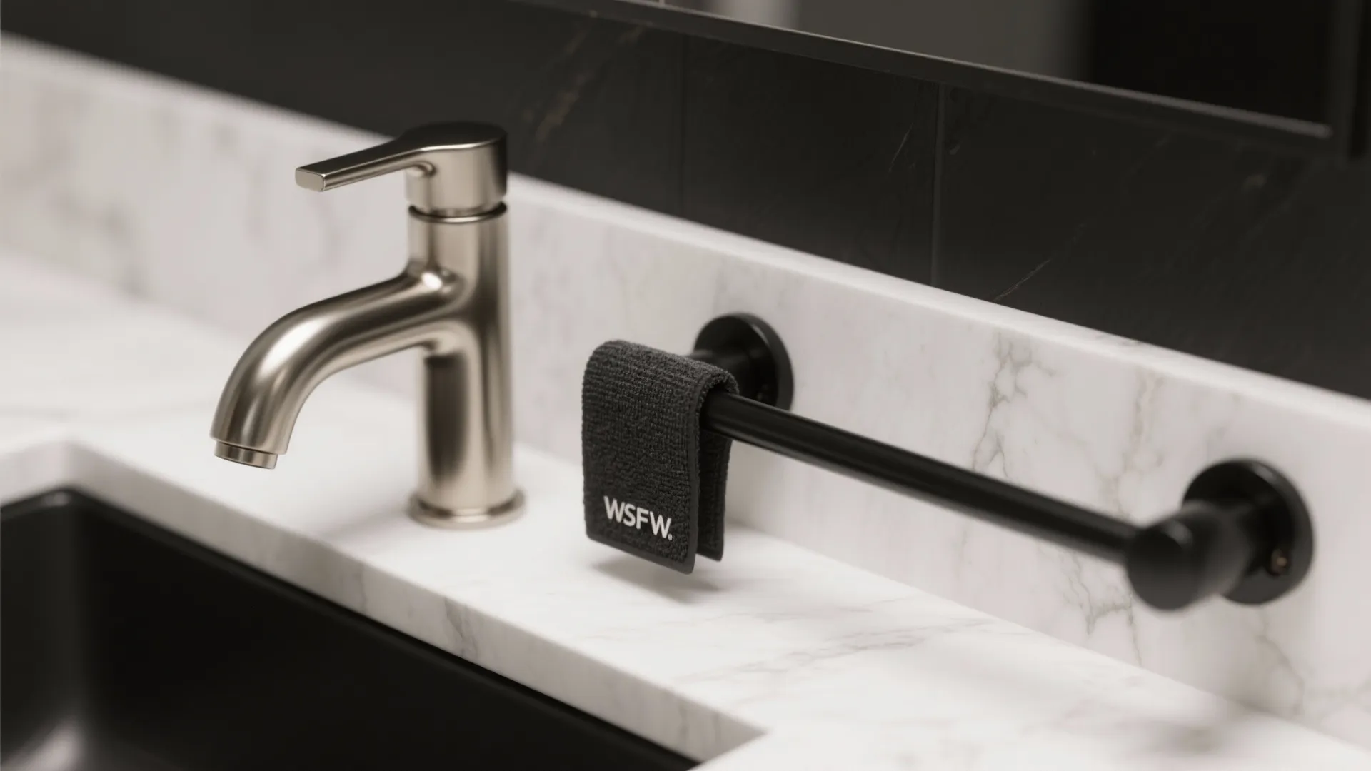 Silver faucet on marble countertop with black sink and towel bar holding a grey cloth