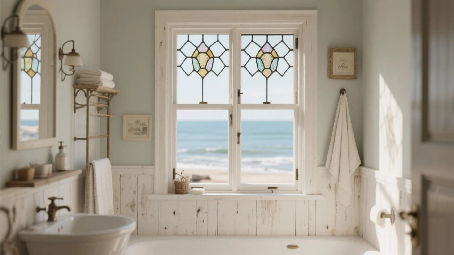 White bathroom window with decorative glass patterns looking out to the blue ocean and sandy beach