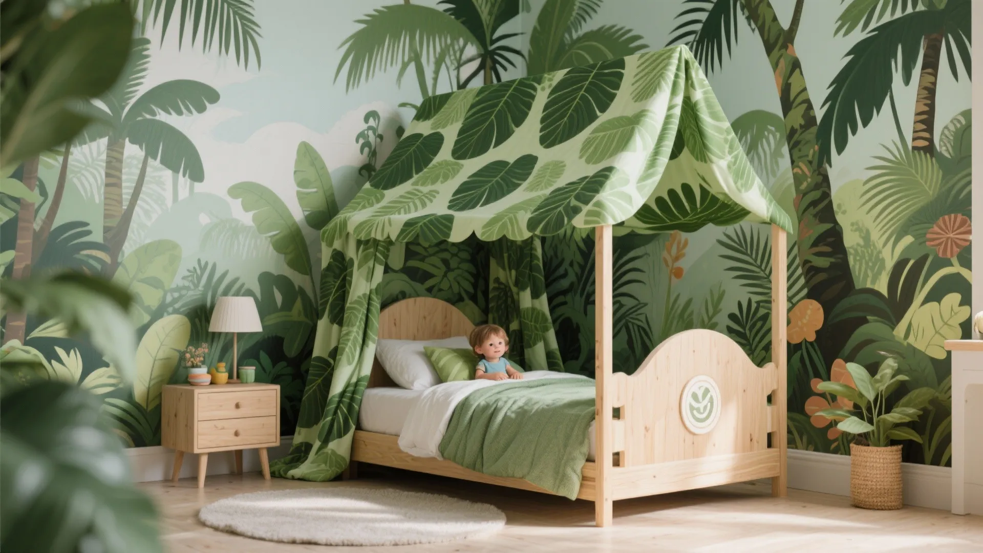 Leaf canopy bed in a jungle-themed children’s room