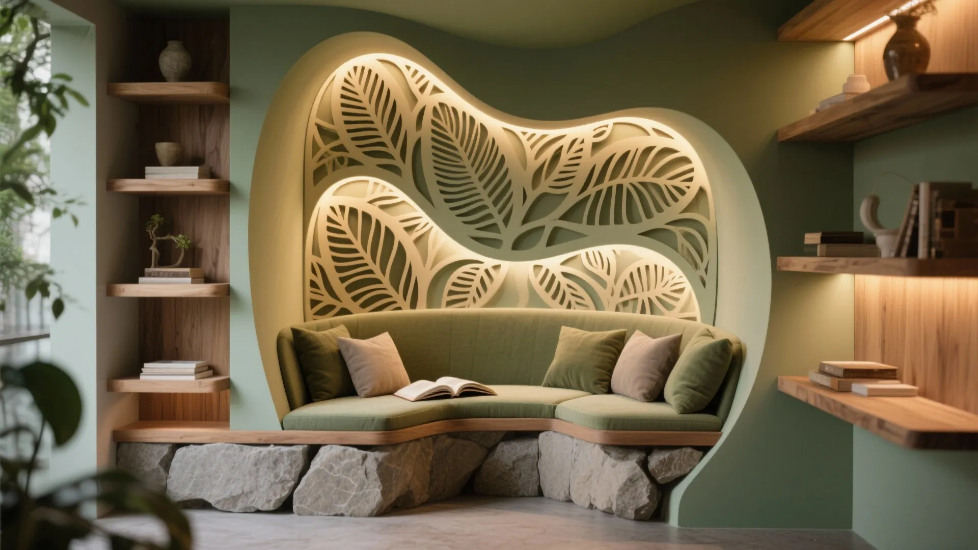 Green reading nook with backlit leaf wall panel stone base wooden shelves and cozy sofa