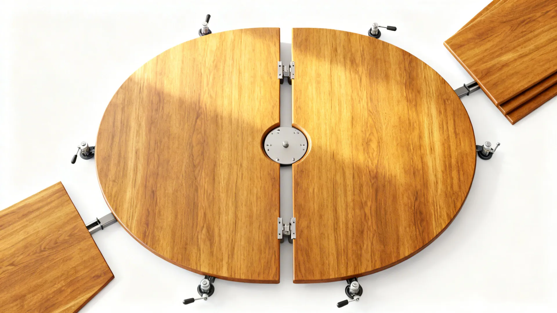 Top view of round wood dining table being extended with square wooden table top leaf parts
