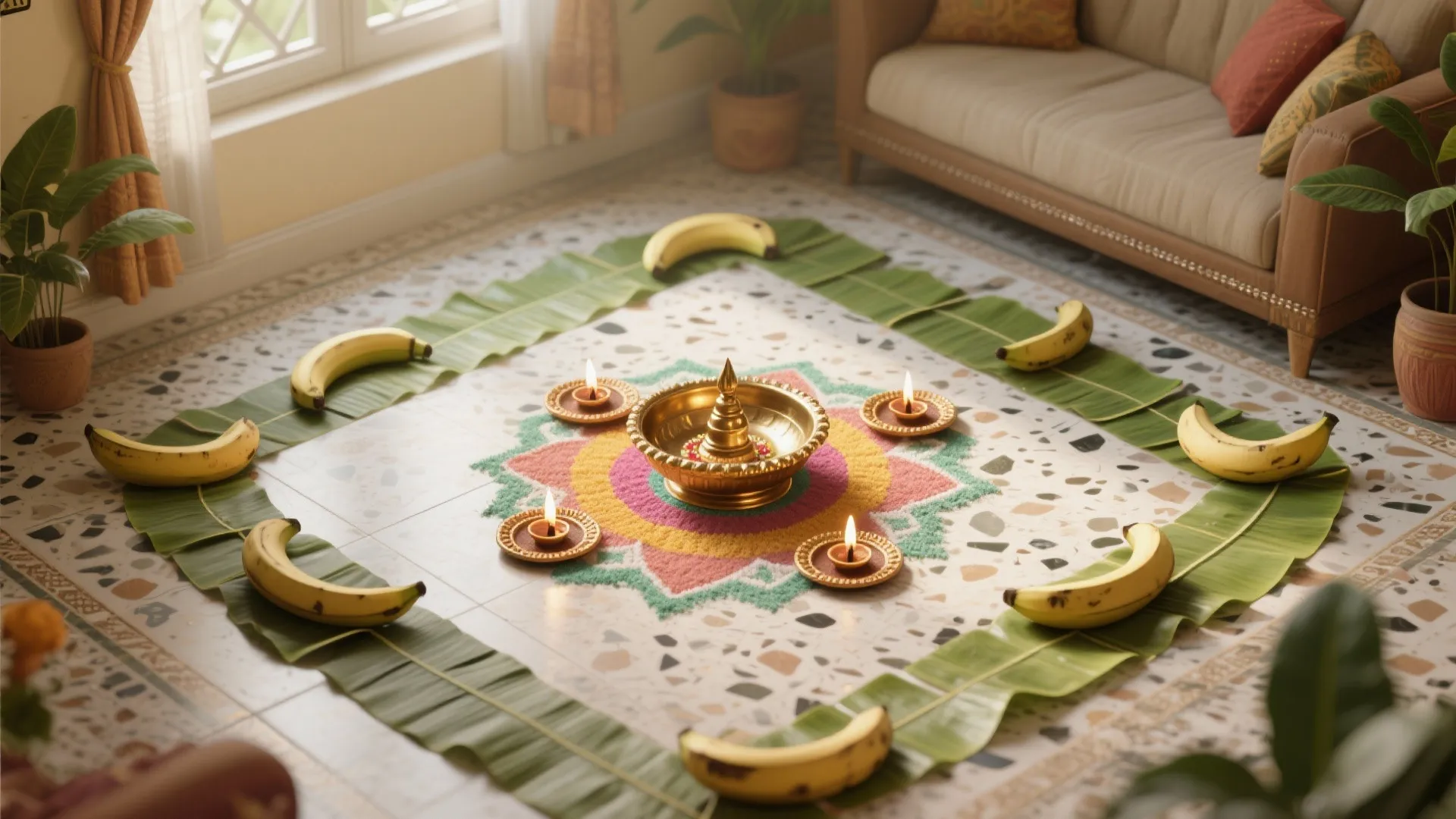 Floor Framing: Banana Leaf Border for Kolam, Rangoli, and Diyas