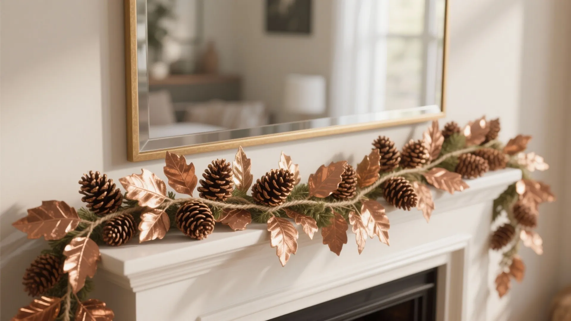 Autumn garland with pine cones and gold leaves decorating a white fireplace under a large mirror