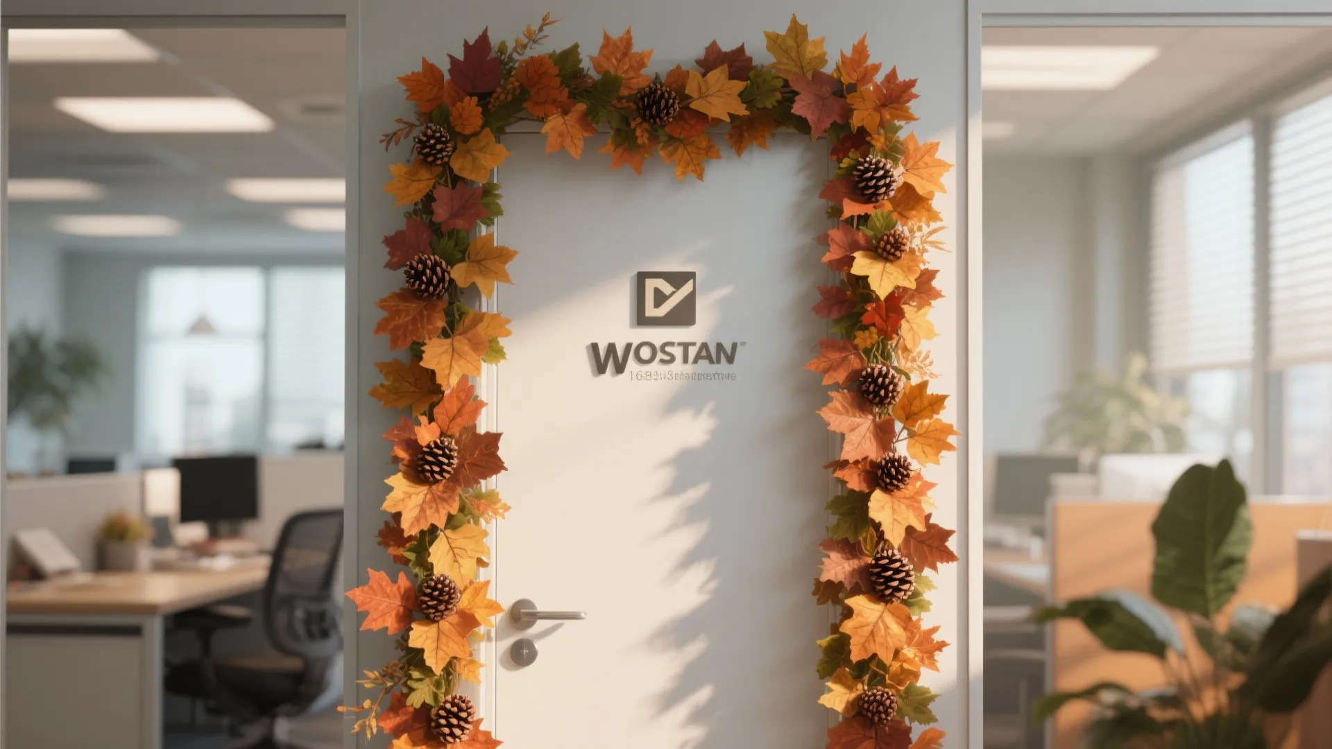 An office door decorated with faux leaf garlands and pinecones