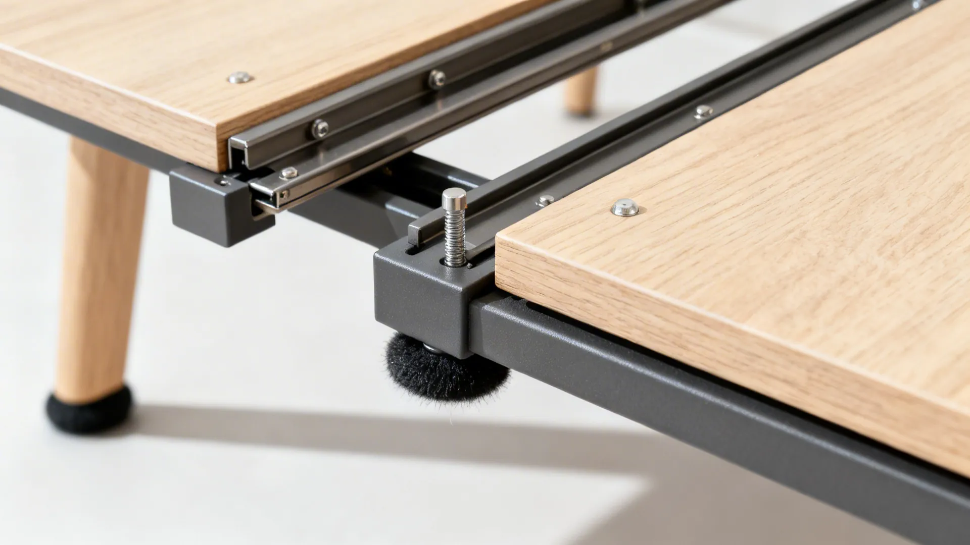 Macro of extendable dining table slides and joinery with felt glides and matte wood finish.