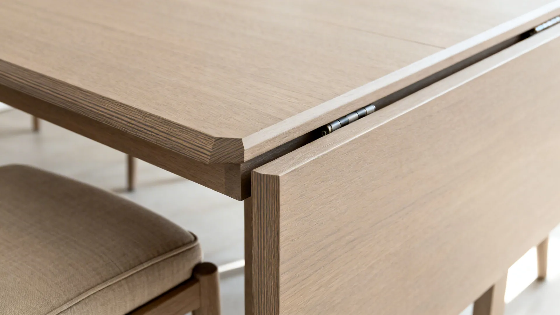 Close-up of extendable table leaf mechanism and performance linen chair.