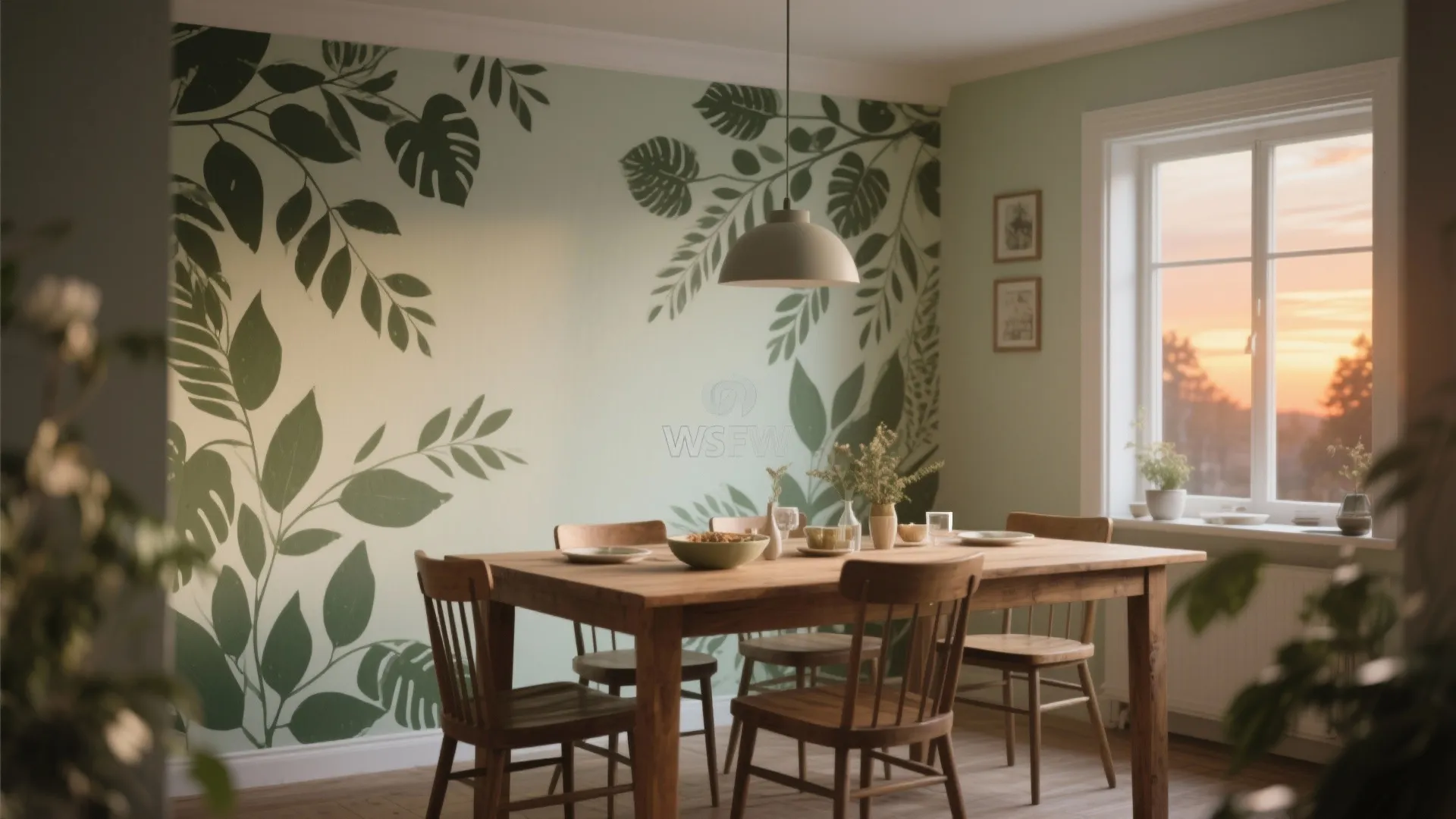 Dining room with a green leaf mural wall wooden table chairs and a ceiling light