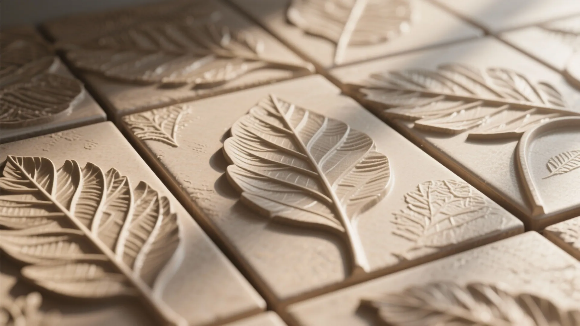 Close-up of beige square floor tiles featuring embossed leaf patterns arranged in a repeating grid