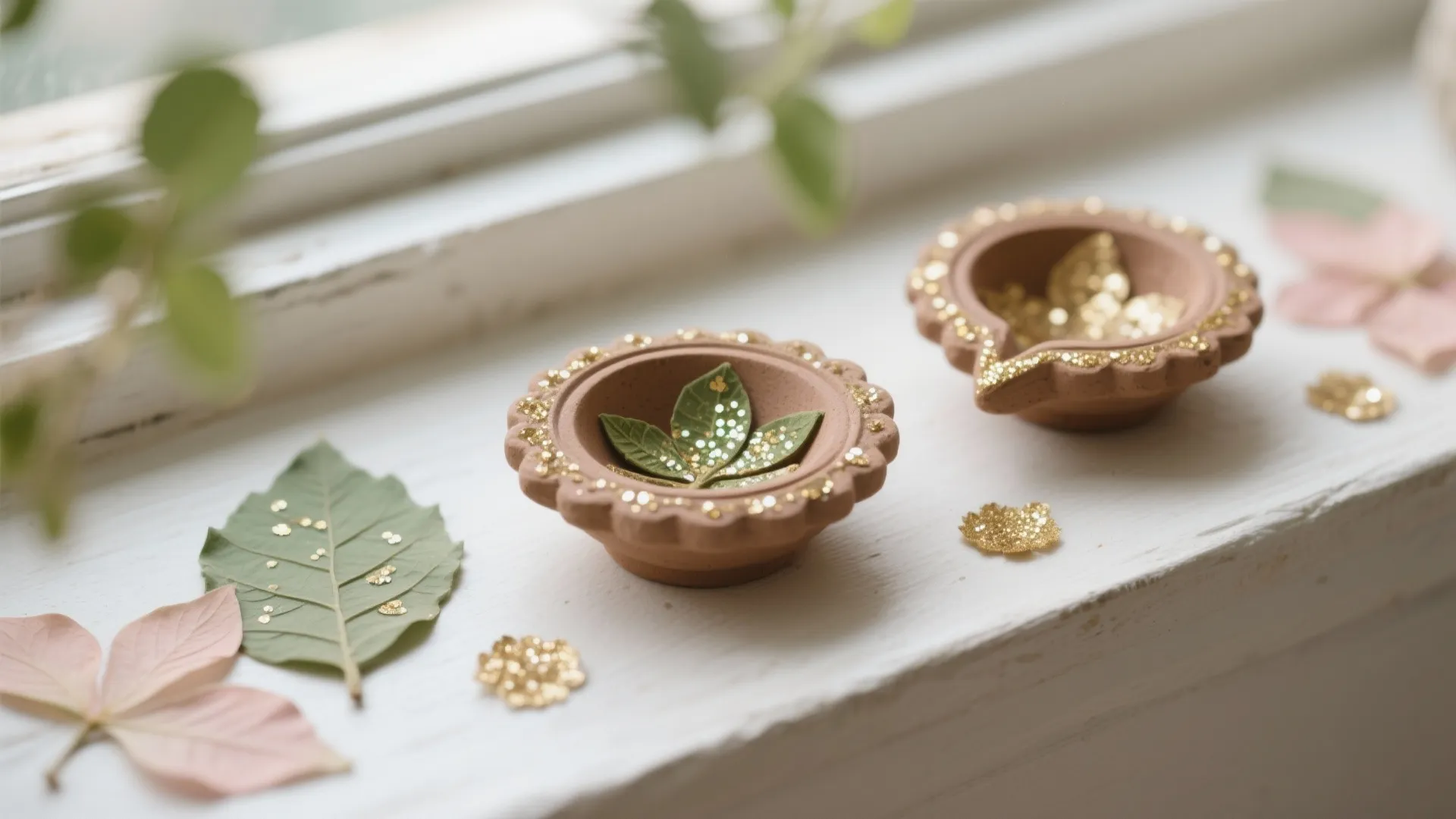 Eco-Glitter, Flowers, and Leaf-Pressed Diyas