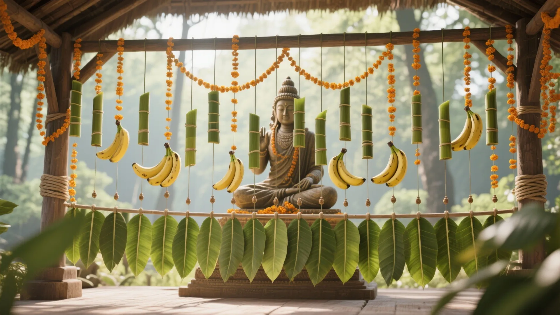 Vertical Strings and Banana-Leaf Screen for a Light, Airy Backdrop