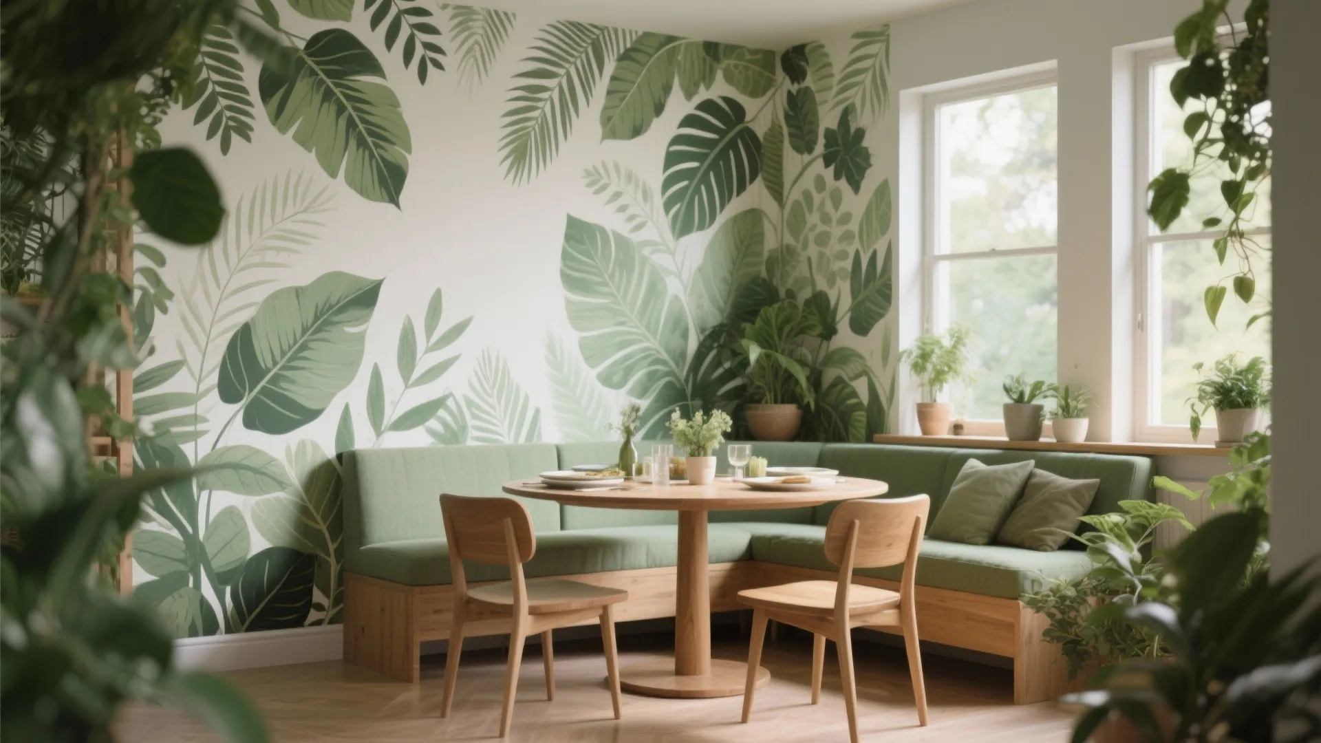 Dining area with green leaf wallpaper wood table chairs corner bench seating and many indoor plants
