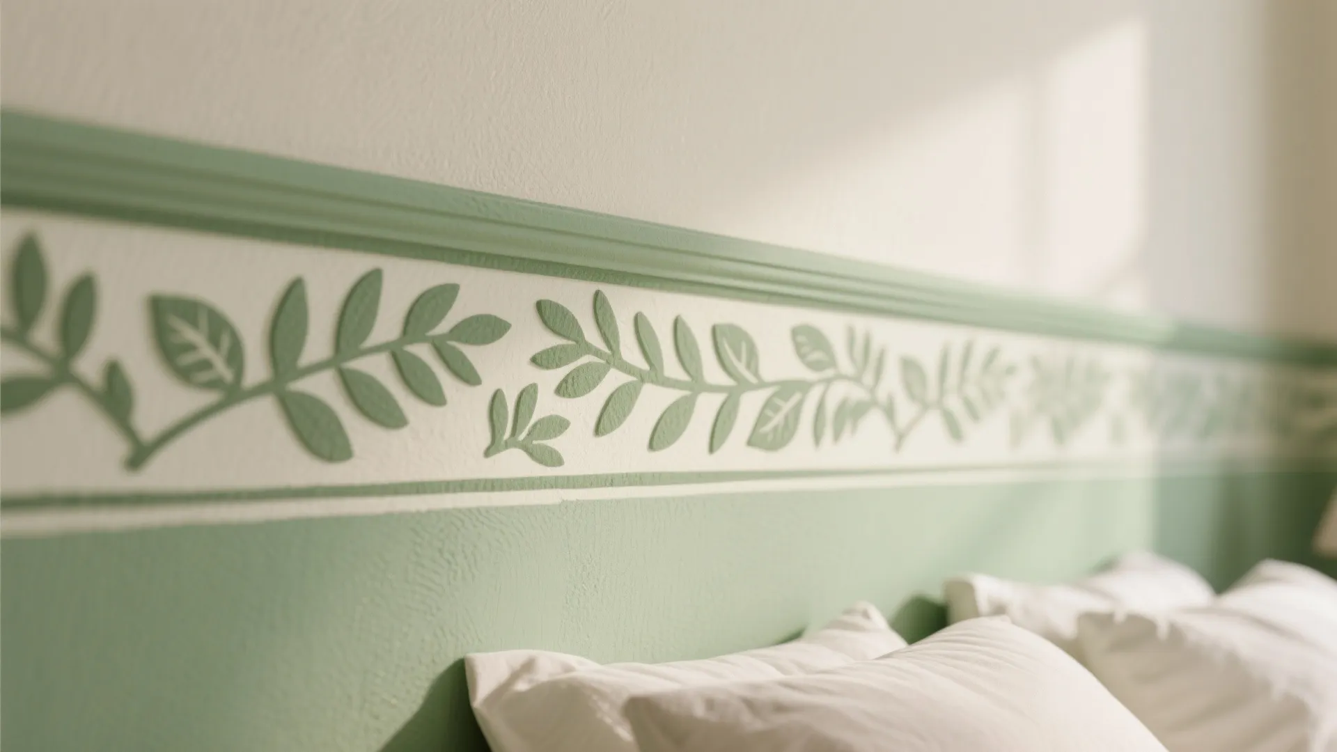 Close up of green leaf pattern wall trim above white pillows in a bright bedroom