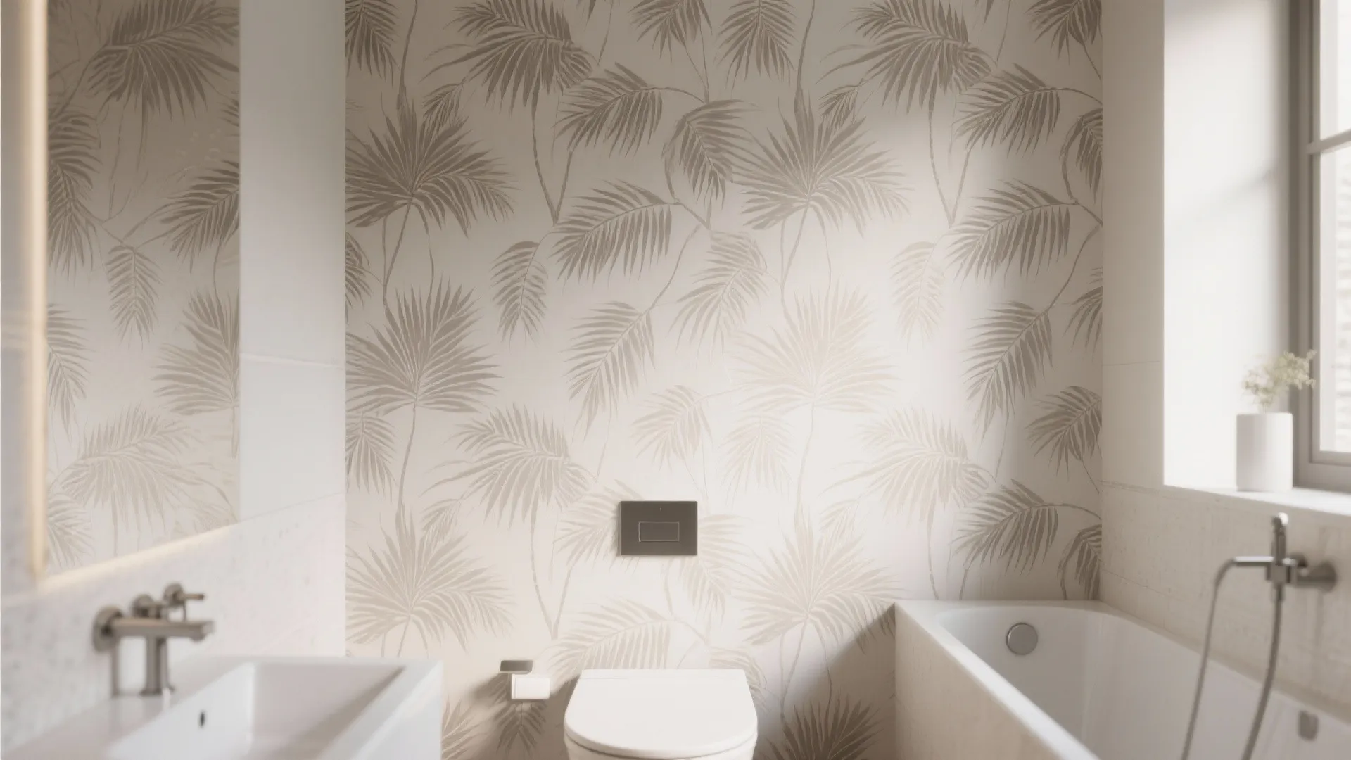 Modern bathroom with palm leaf wallpaper featuring a white bathtub toilet sink and silver faucet