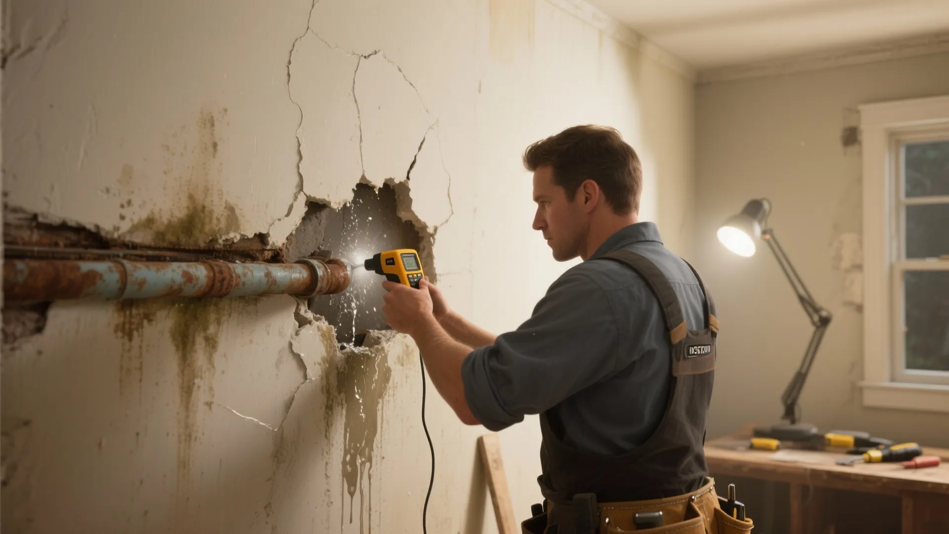 Professional repairman using a digital tool to check a leaking pipe inside a broken wall