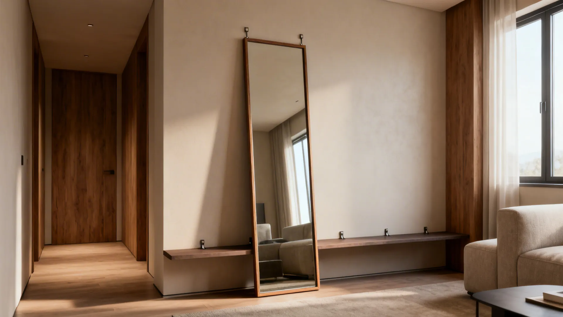 Tall floor mirror leaning against a focal wall behind a low console in a narrow living room