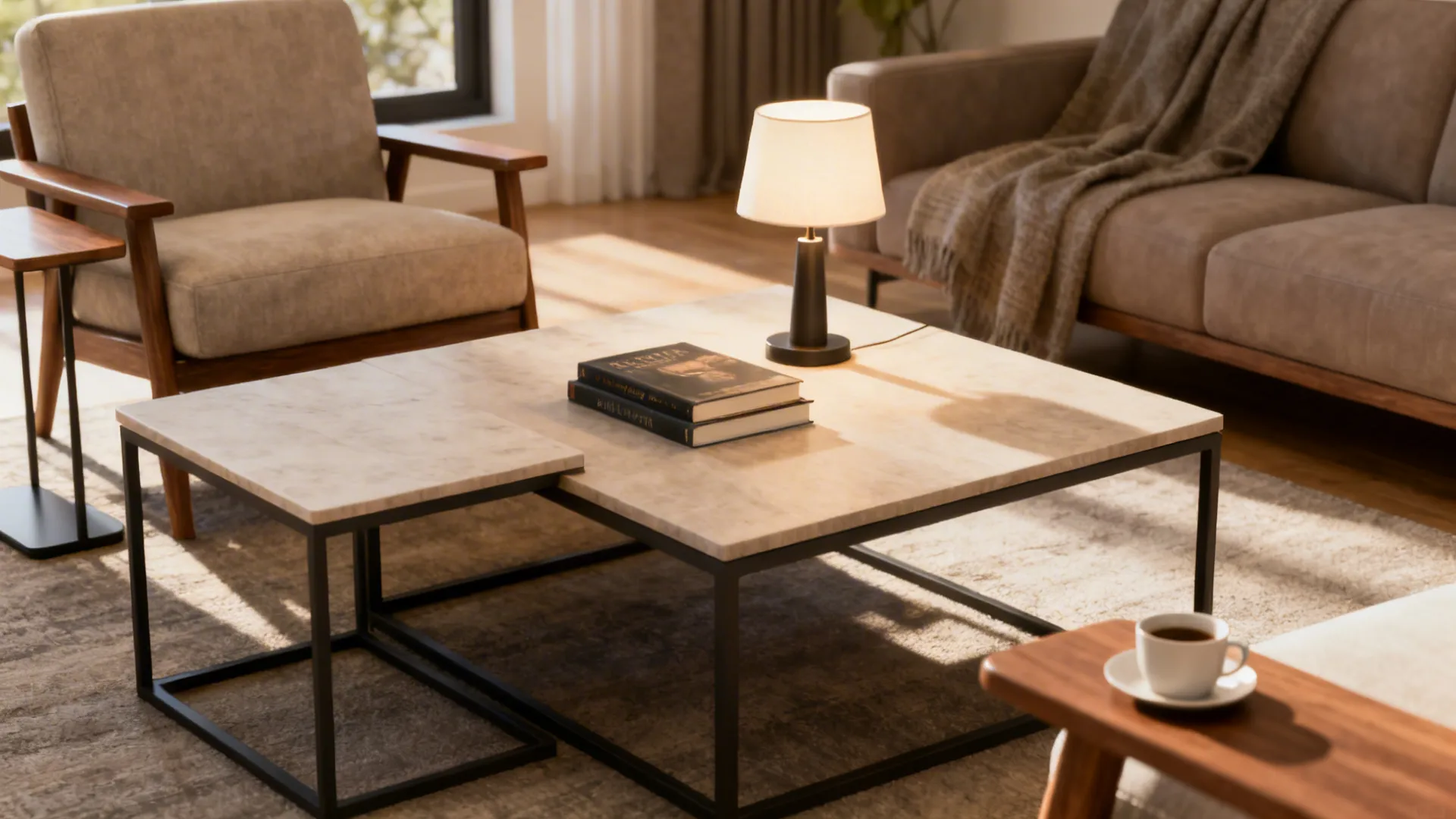 Smaller coffee table leaned next to an armchair serving as a side table while a larger table remains central.