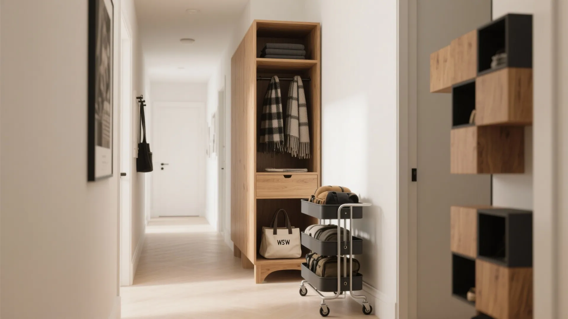 Lean cabinet or rolling cart for seasonal gear