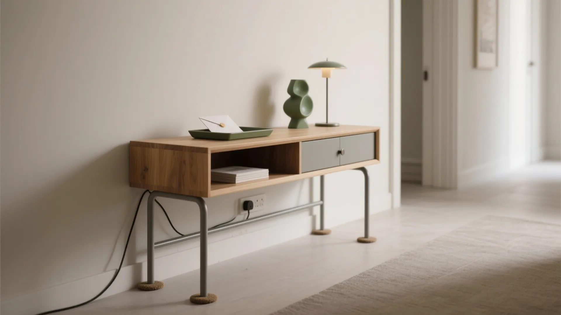 Modern wood table with green lamp and small sculpture placed against a white hallway wall