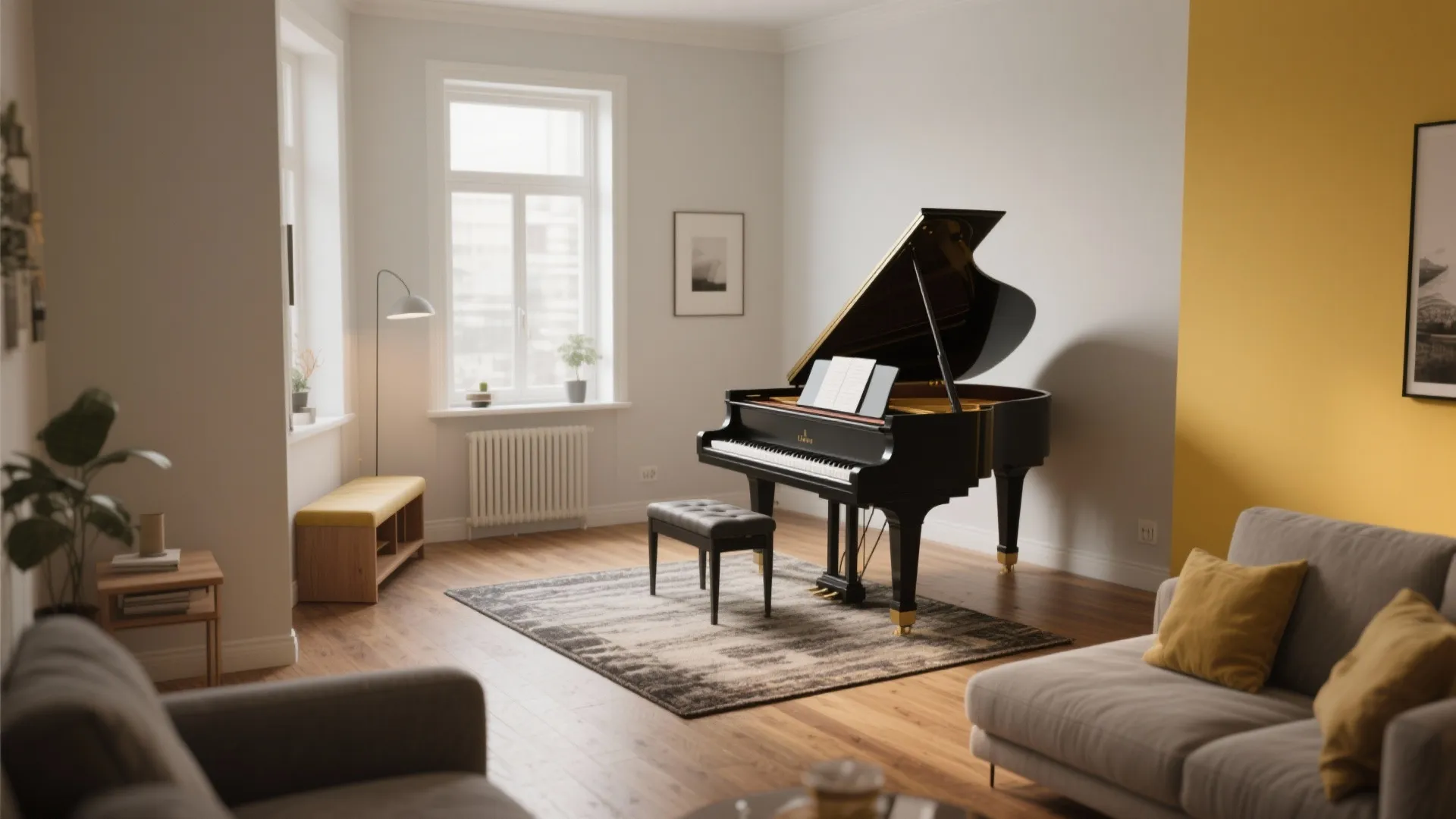 Modern living room featuring a black grand piano on a rug with grey sofa and yellow wall