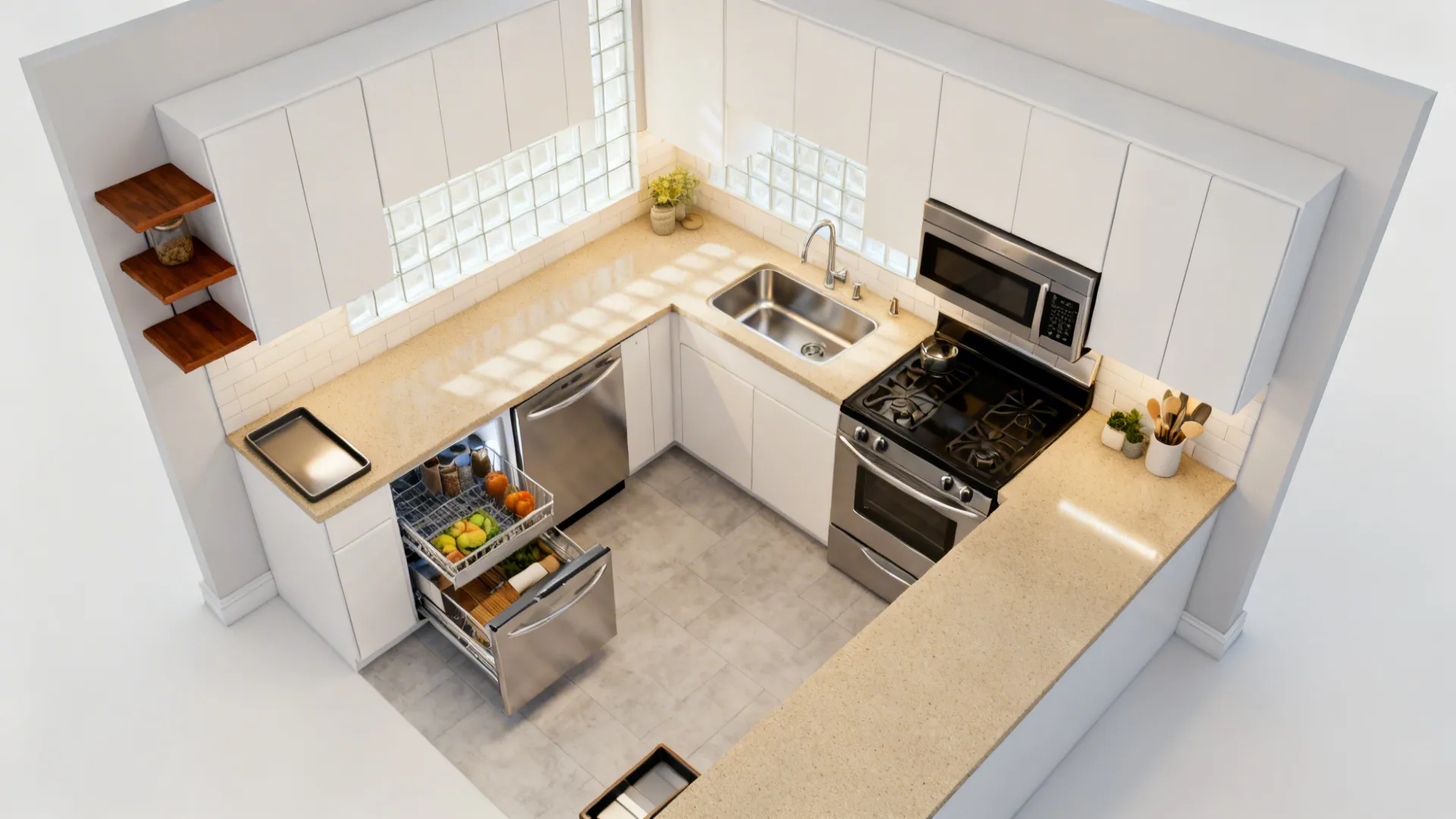Top-down view of a compact L-shaped kitchen with clear work zones and corner solutions.