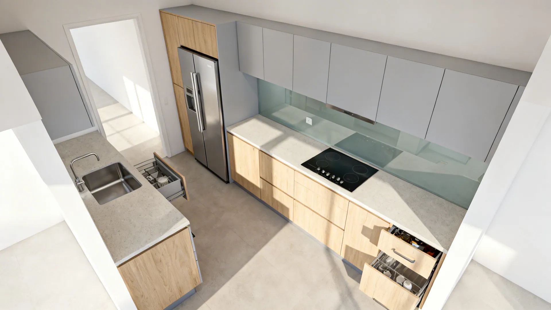 Top-down view of a lean L-shaped kitchen with longest continuous counter and tall pantry anchoring the layout.