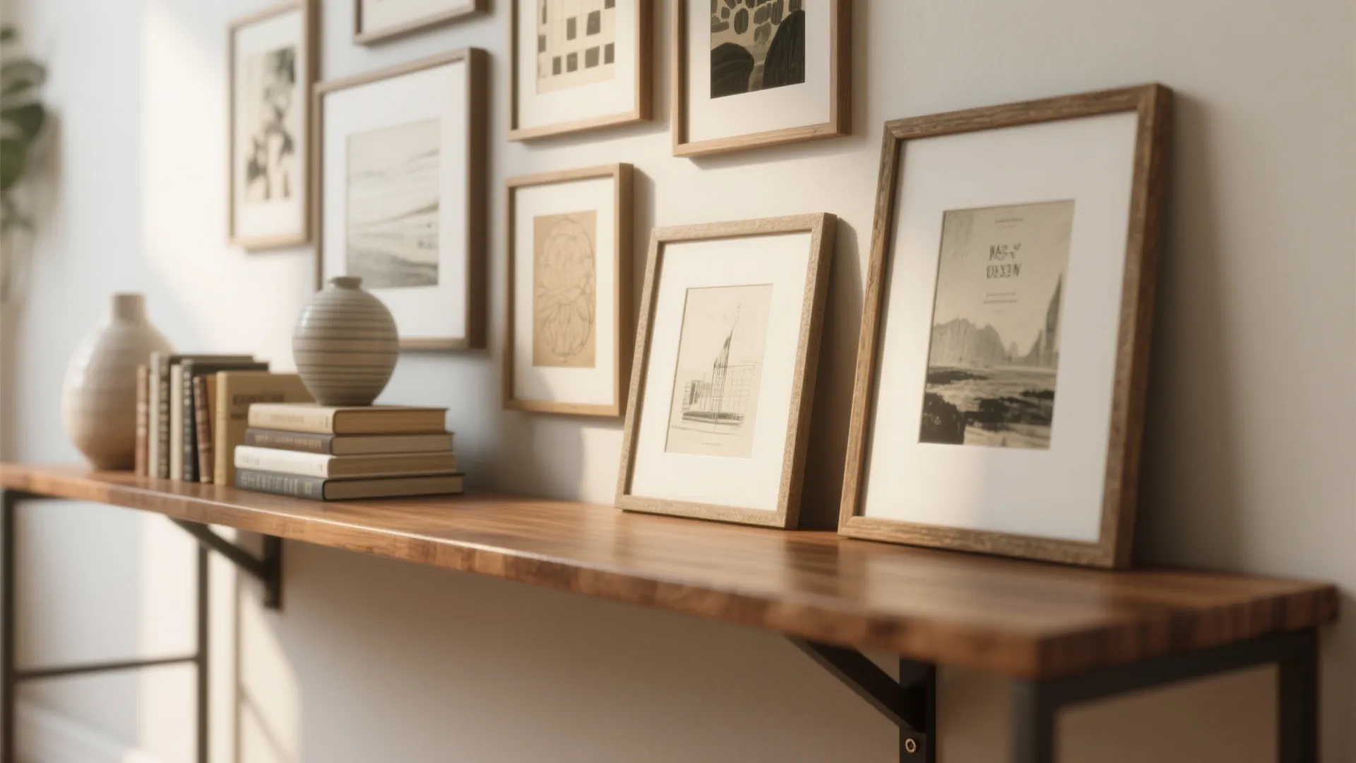 Close-up of a console with multiple framed artworks leaned and layered, styled with books and ceramic vases.