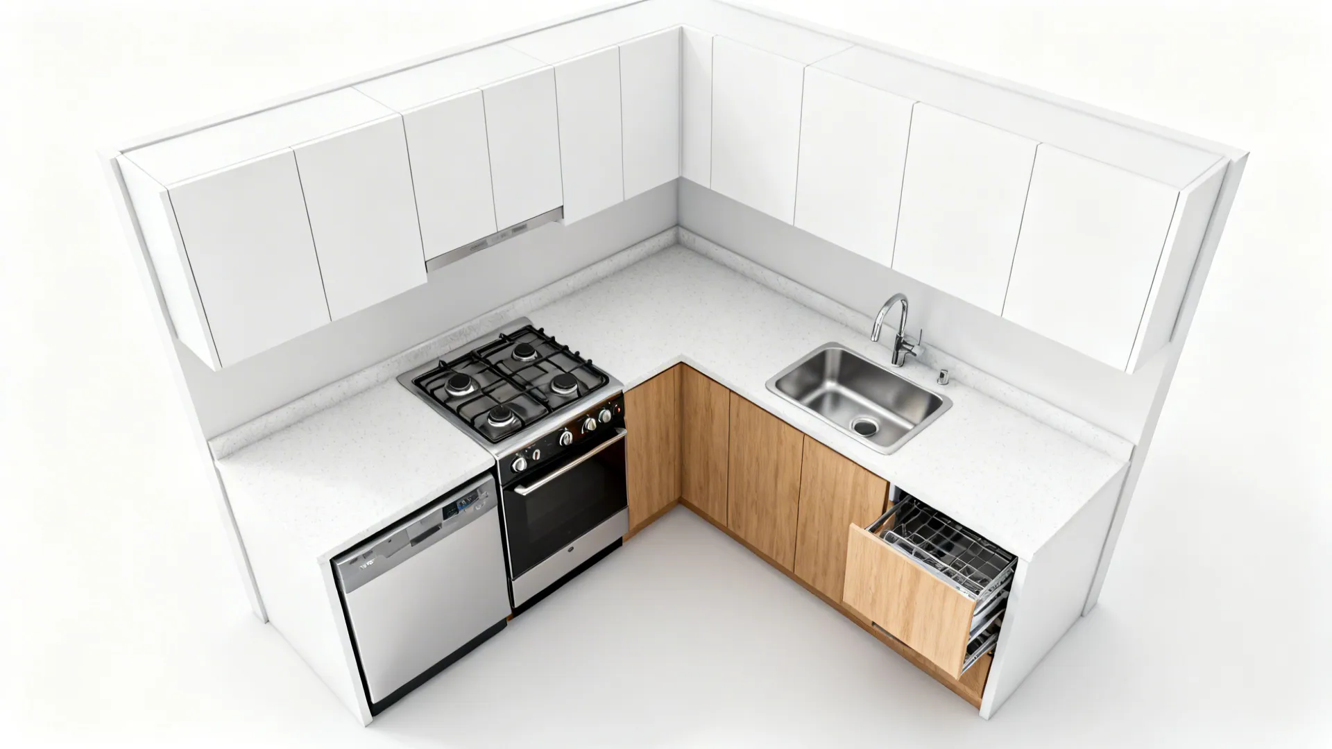 Top down view of L shaped kitchen layout with white cabinets wood cabinets stove and sink