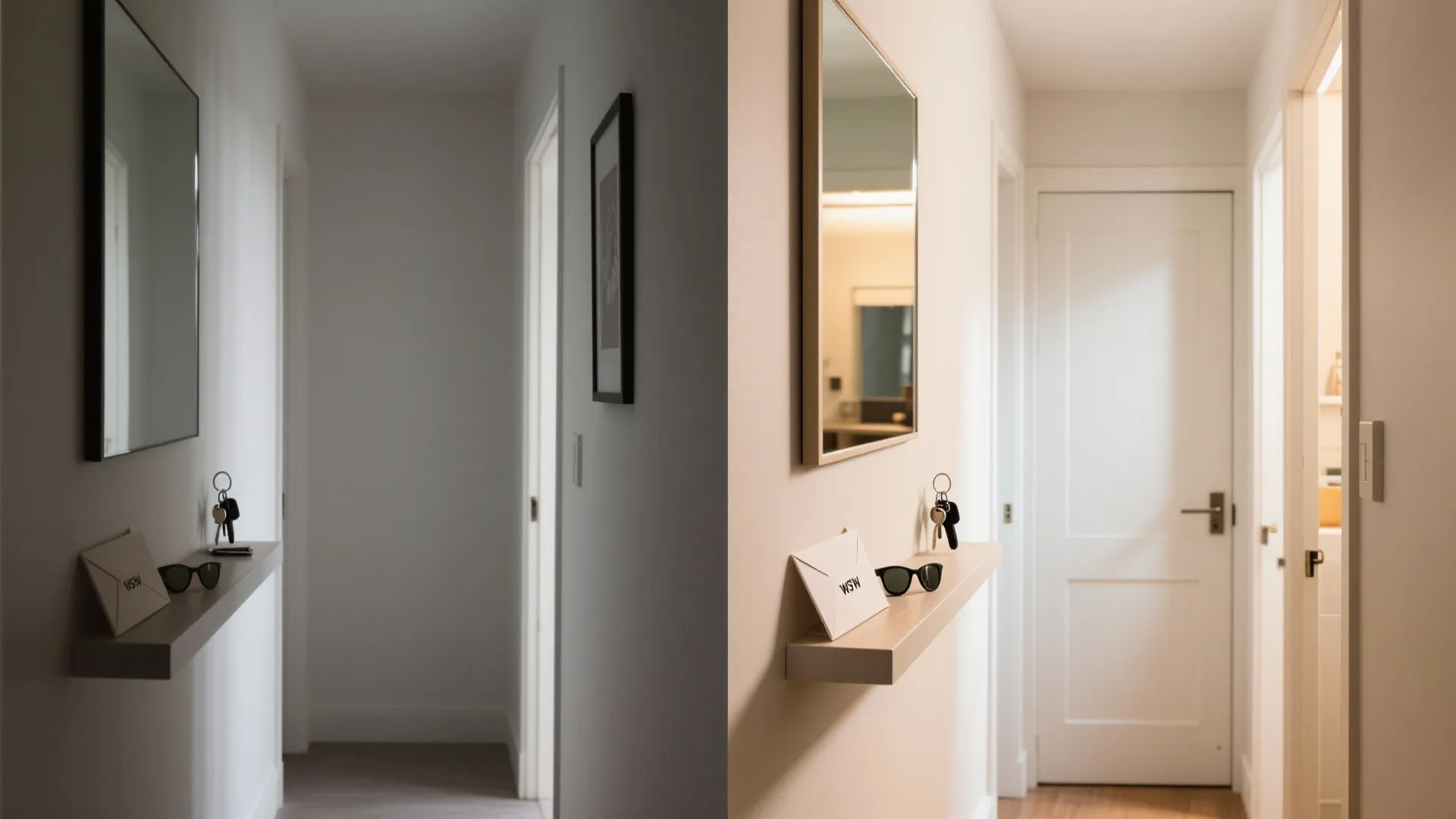 3) Lean shelves + mirror to double light and function